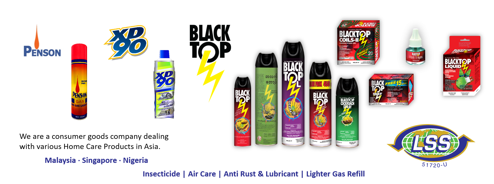 LSS product range. Lighter Gas Refill, Lubricant Spray, Insecticide, Air Care